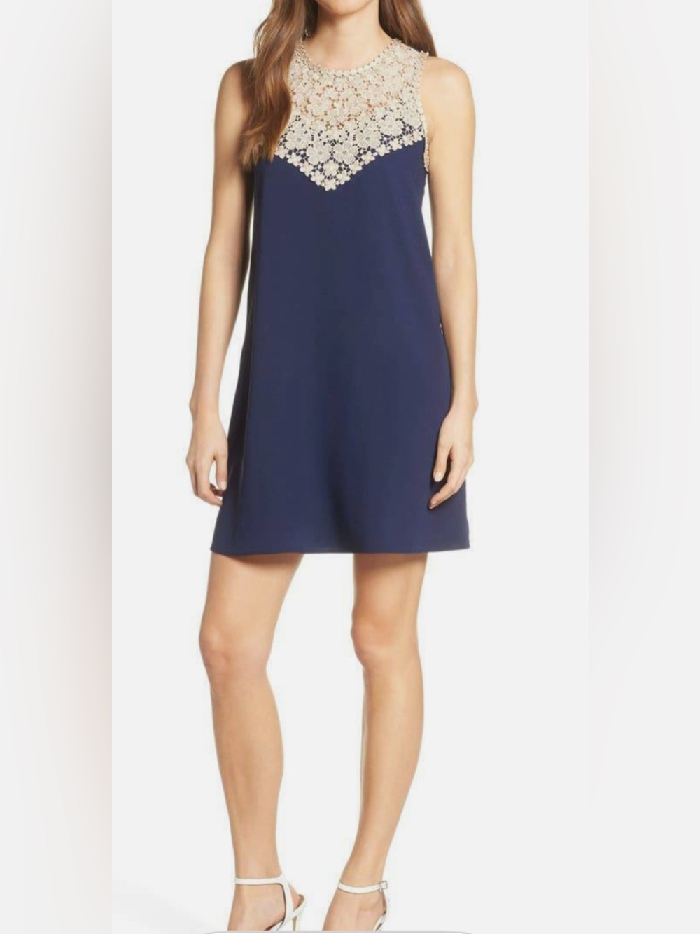 Lilly Pulitzer Nala Navy Shift Dress with Gold Lace Bodice and Trim, size 4.